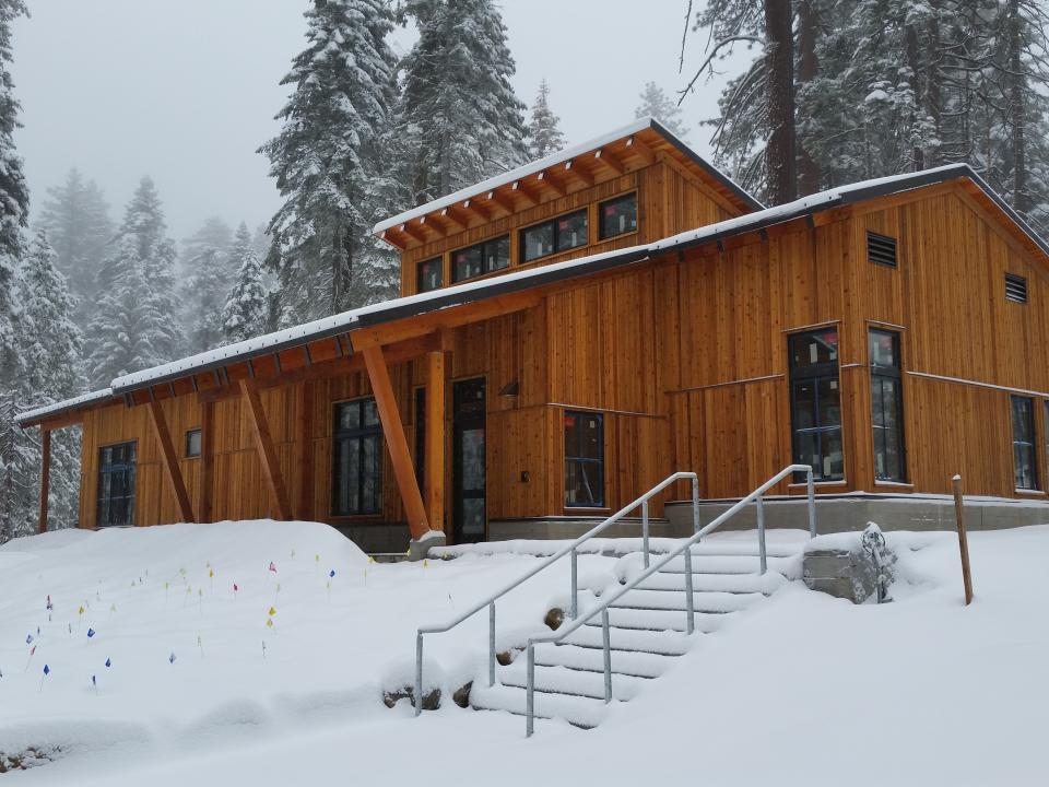 The dining lodge at the National Environmental Science Center is a cozy space to gather year around! 